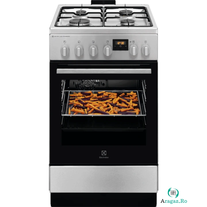 Electrolux Aragaz Electrolux LKK564221X, Mixt, 4 arzatoare, Cuptor electric, Autocuratare catalitica, SteamBake, AirFry, Timer, Grill electric, Clasa A, 50 cm, Inox
