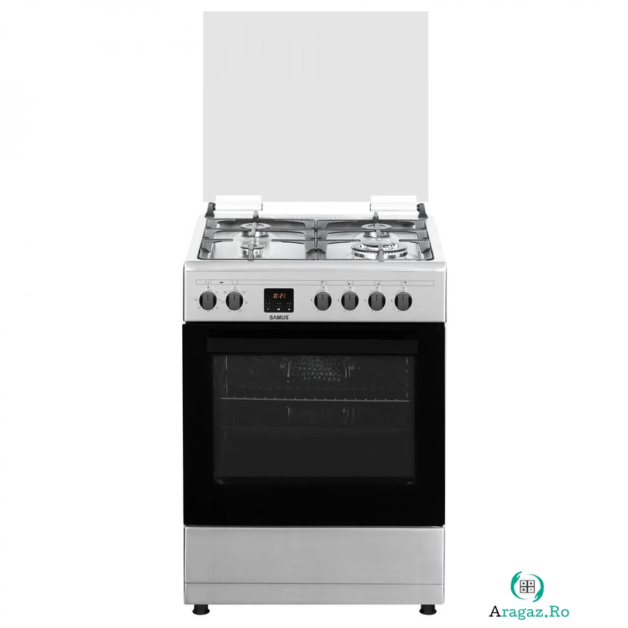 Samus Aragaz mixt Samus SM663AENS INOX, Gaz, 4 Arzatoare, Arzator Wok, Cuptor electric, 56 L, 59.8 cm, Inox la 1,470.00 lei ron