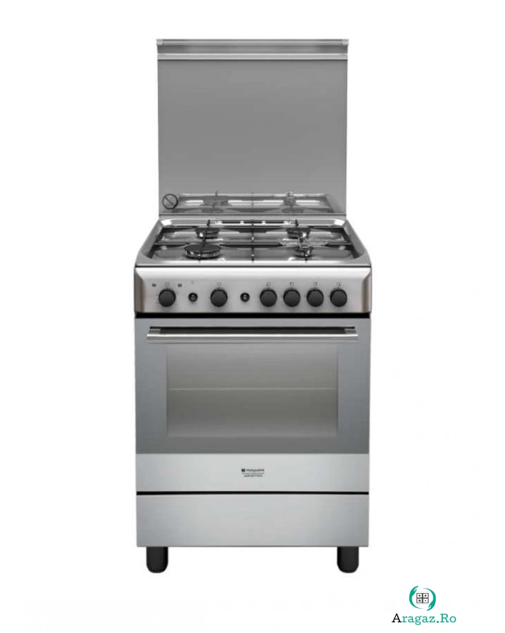 Aragaz pe Gaz Hotpoint H6GG1F, Aprindere electrica, Grill, 60 cm, Inox