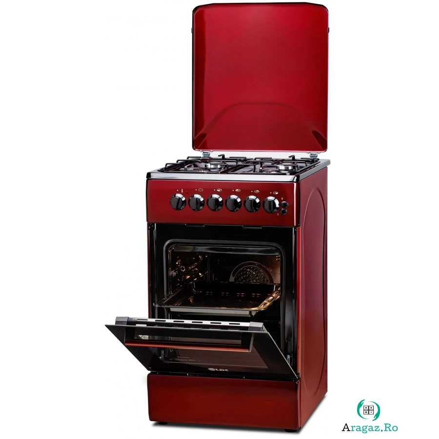 Aragaz 4 Arzatoare Siguranta Cuptor Electric Aprindere Iluminare Capac Metalic Bordo