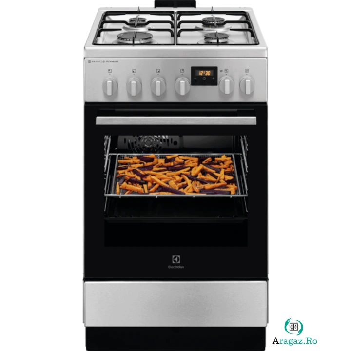 Electrolux Aragaz Electrolux LKK560222X , Mixt, 4 arzatoare gaz, Gratare de fonta, Cuptor electric, SteamBake, AirFry, Timer electronic, Grill electric, Clasa A, 50cm, culoare inox