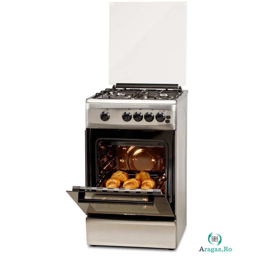 Aragaz 4 Arzatoare Siguranta Grill Rotisor Aprindere Iluminare Capac sticla 50cm Inox