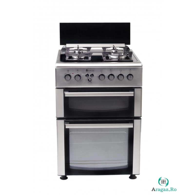 Aragaz Mixt FFM60/60Inox Duetto Gaz 4 Arzatoare 2 Cuptoare Gaz+Electric Inox/ Sticla Neagra