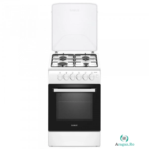 Samus Aragaz Samus SM561APBS, Montat pentru utilizare cu GPL, Culoare alba 50 x 60 cm,4 arzatoare pe gaz, Cuptor pe gaz, Siguranta plita + cuptor, Aprindere electrica plita