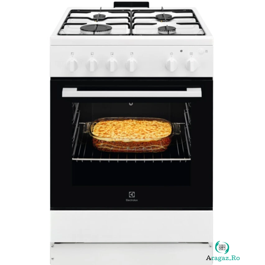 Electrolux Aragaz Electrolux LKG604013W, Gaz, 4 arzatoare, Autocuratare Catalitica, Timer mecanic, Aprindere integrata plita si cuptor, Grill Electric, Rotisor, Iluminare cuptor, 60 cm, Alb