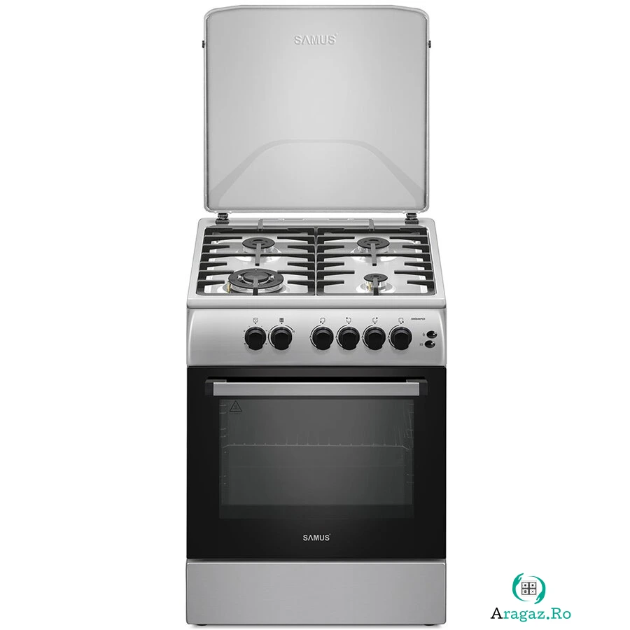 Samus Aragaz Samus SM664XPGS1, 4 arzatoare gaz, cuptor gaz, aprindere electrica plita, timer, grill, sigurante plita si cuptor, Inox-laterale argintii la 1,281.99 lei ron