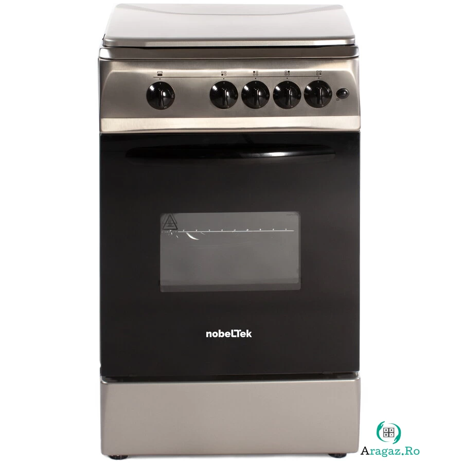 NobeLTek Aragaz NobelTek NLT 5602IX/G1, Gaz, 4 arzatoare, Dispozitiv siguranta plita si cuptor, Aprindere electrica, 50 x 60 cm, Inox