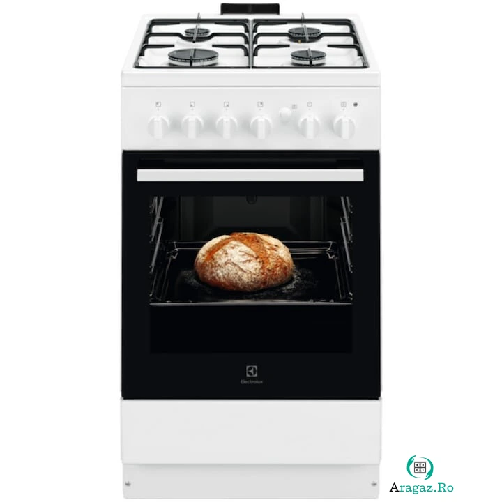 Electrolux Aragaz Electrolux LKG504013W, Gaz, 4 arzatoare, Autocuratare Catalitica, Timer mecanic, Aprindere integrata plita si cuptor, Grill Electric, Rotisor, Iluminare cuptor, 50 cm, Alb