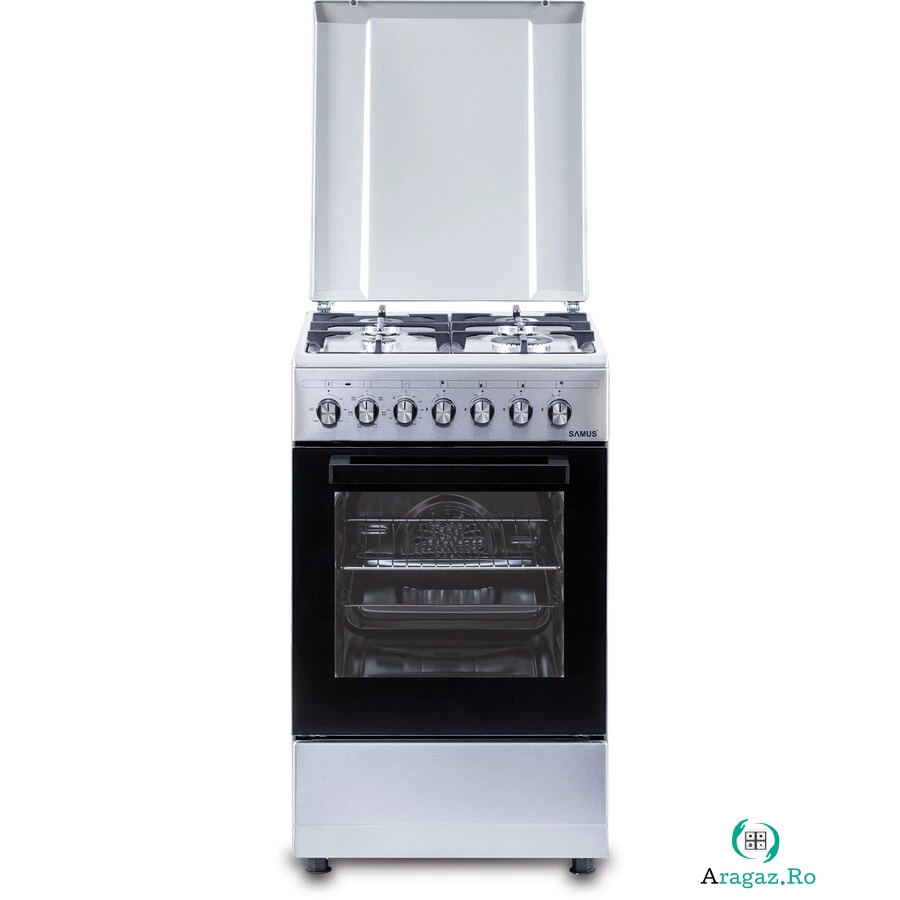 Samus Aragaz Samus SM562AENS1 60 x 60 cm, 1 arzator WOK, gratar fonta , aprindere electrica, ventilator, grill, timer mecanic, lumina interioara, gratar + tava cuptor, Inox la 1,220.00 lei ron