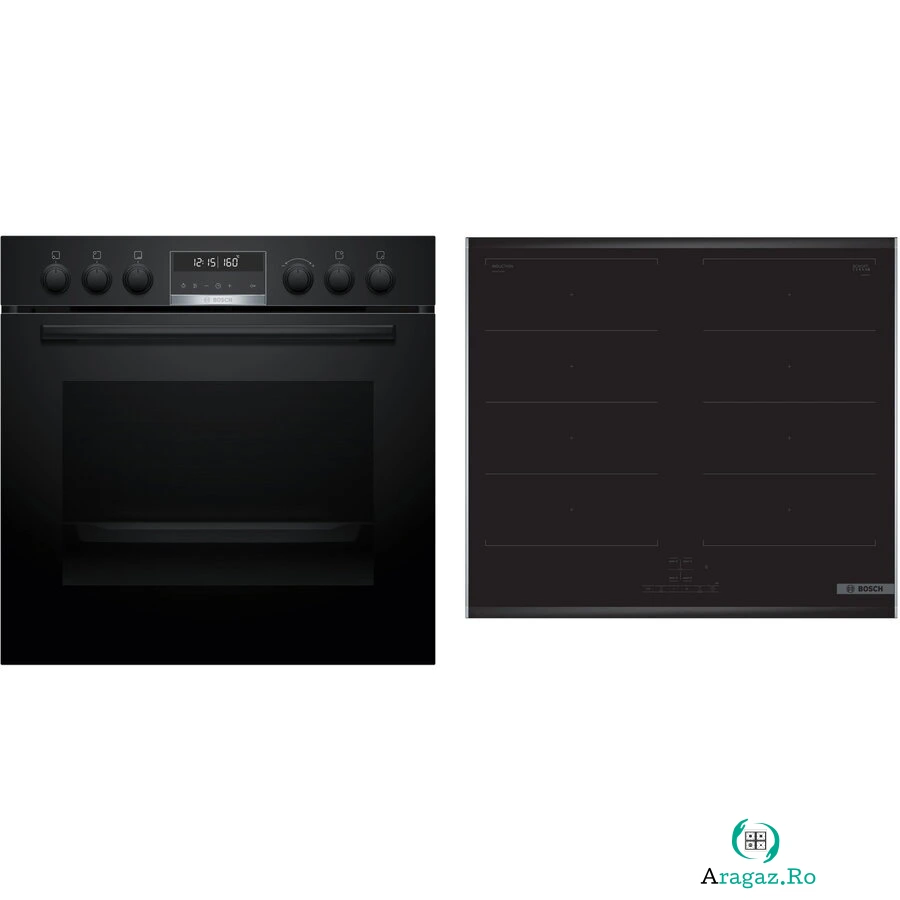BOSCH Setul Bosch HND677LS62 cuprinde aragazul incorporabil HEG578BB4, 71 L, 30 programe gatit si plita electrica NVQ645CB6E, 4 zone de gatit cu inductie, 17 niveluri de putere, Touch control pe plita, Negru la 7,186.99 lei ron